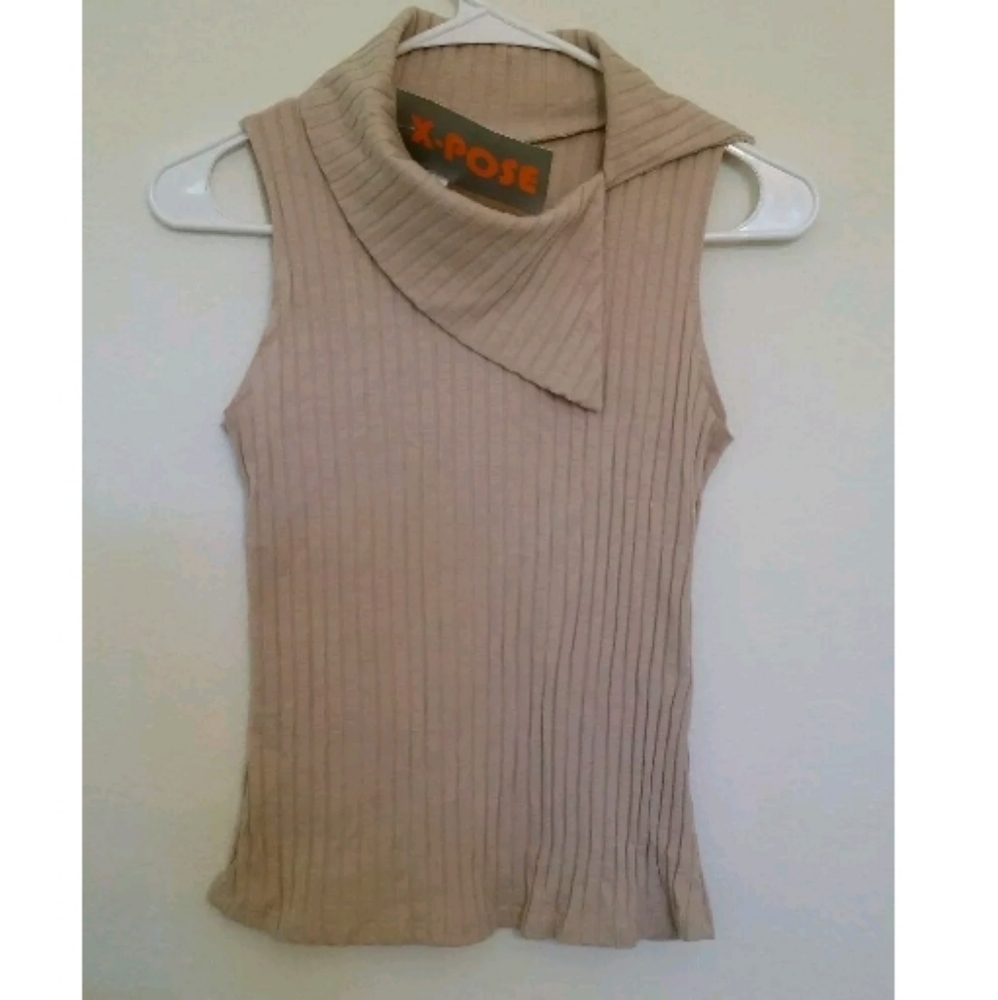 Women V Neck Sleeveless Casual Beige X-Pose Top M